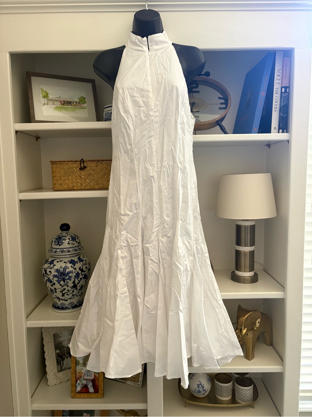 Zara Sleeveless Collared White Halter Maxi Dress with Full Front Zipper